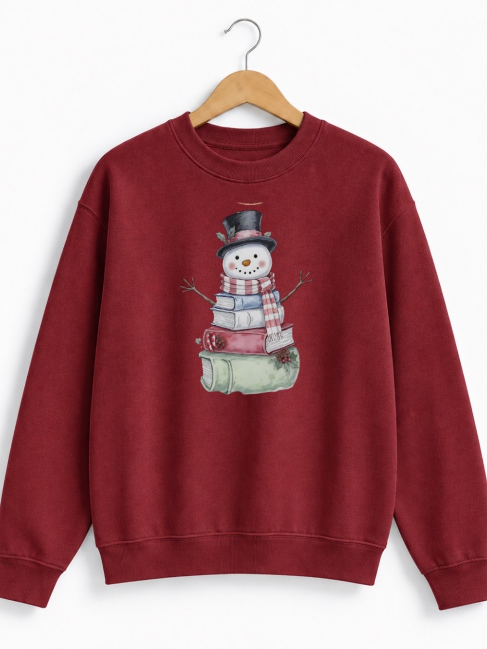 Antique CherryRed Snowman Bookstack Graphic Crewneck Sweatshirt